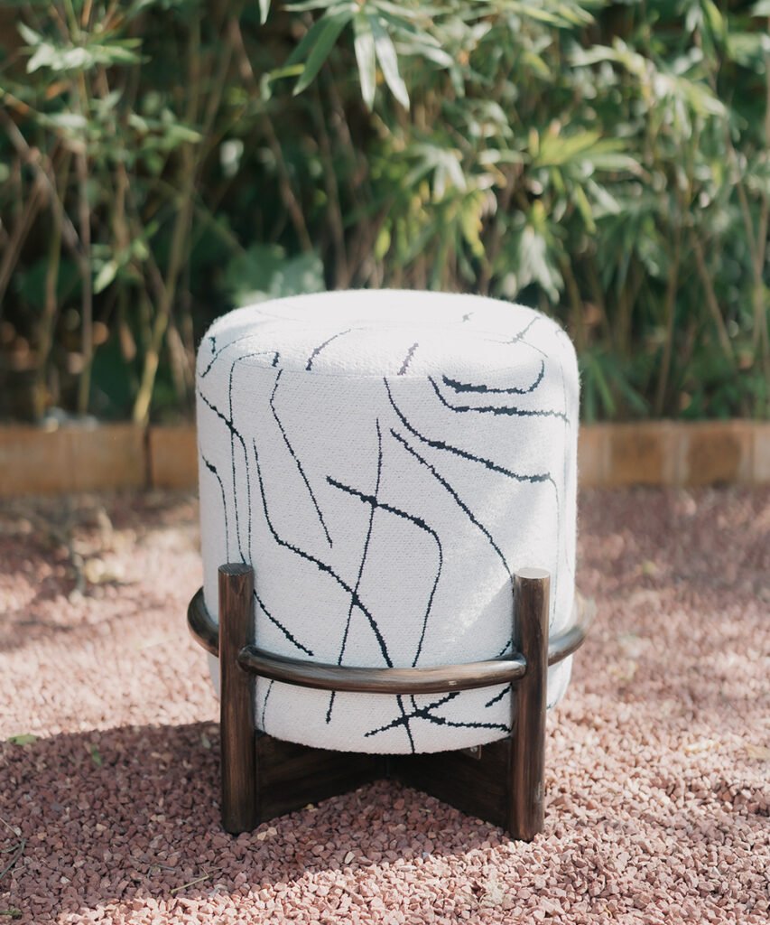 Abstract Marble-Print Pouf with Architectural Wood Cradle