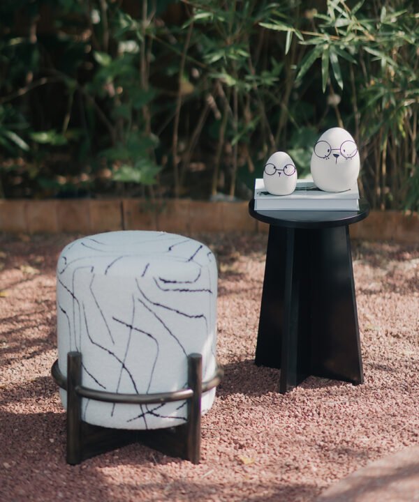 Abstract Marble-Print Pouf with Architectural Wood Cradle - Image 4