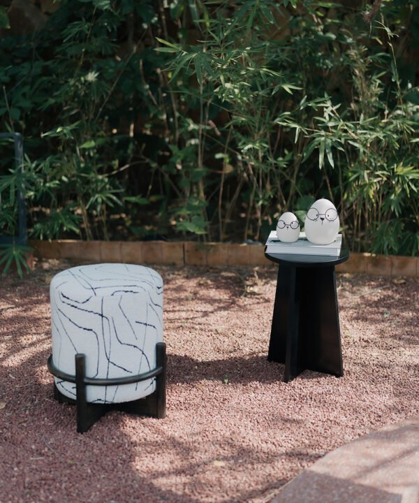 Abstract Marble-Print Pouf with Architectural Wood Cradle - Image 5