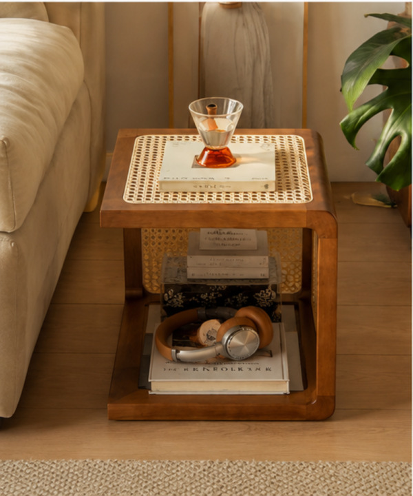 CaneCraft Wooden Side Table with Storage Shelf - Image 3