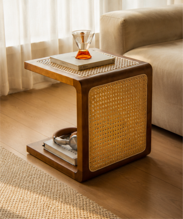 CaneCraft Wooden Side Table with Storage Shelf - Image 2