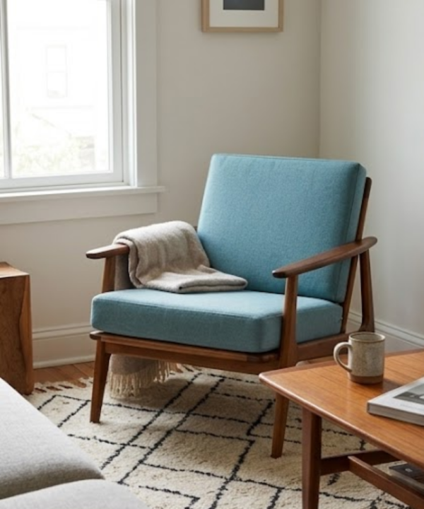 Teak Wood Lounge Chair with Upholstered Seat and Back - Image 1