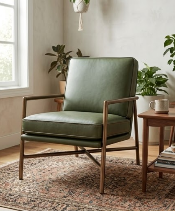 Chairs (41) Mid-Century Olive Leather Accent Chair - Image 1