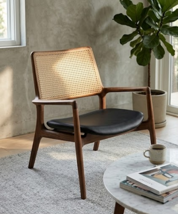 Mid-Century Cane Lounge Chair with Wooden Frame & Leather Seat - Image 1