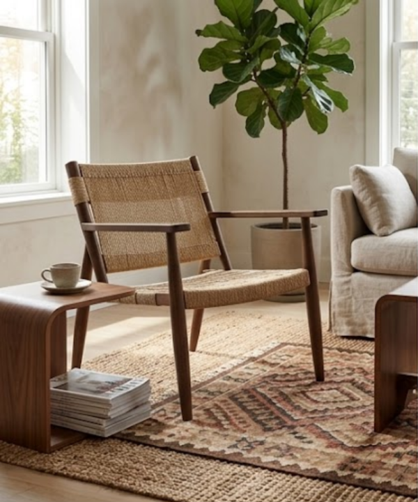 Rustic Woven Lounge Chair with Solid Wood Frame - Image 1