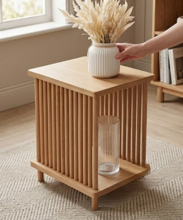 Tables (32) Fluted Wooden Side Table with Open Shelf - Image 1