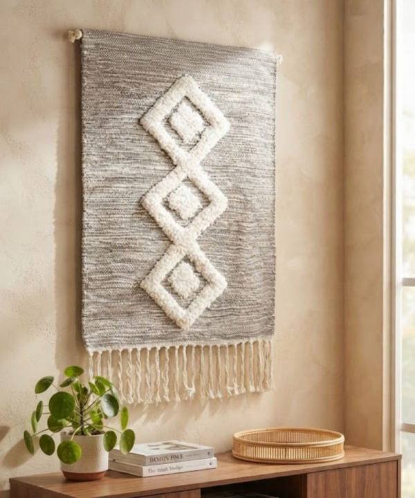 Handmade Woven Cotton Wall Hanging | Grey Diamond Tufted Tapestry Decor - Image 8
