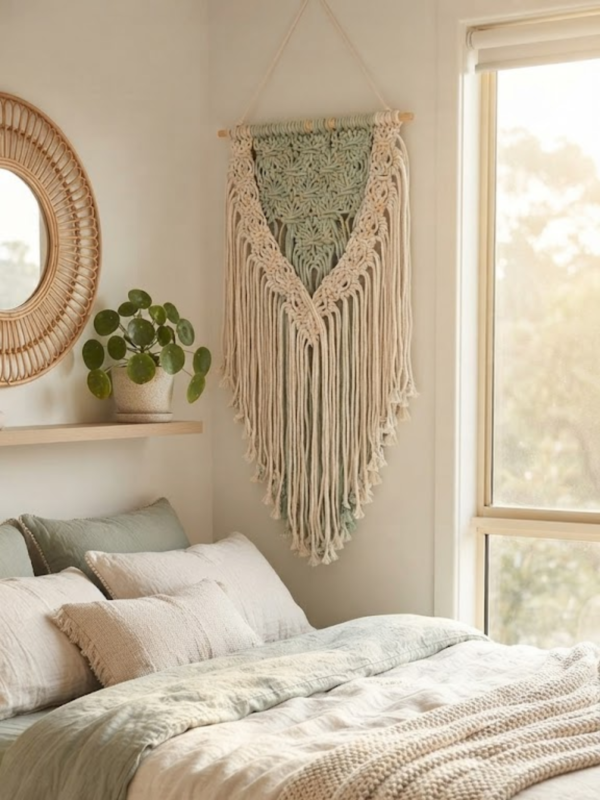 Handmade Sage and Ivory Macramé Wall Hanging | Two-Tone Woven Textile Art - Image 6