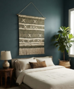 Handmade Woven Cotton Wall Hanging | Olive Green Geometric Tapestry With Fringe - Image 4