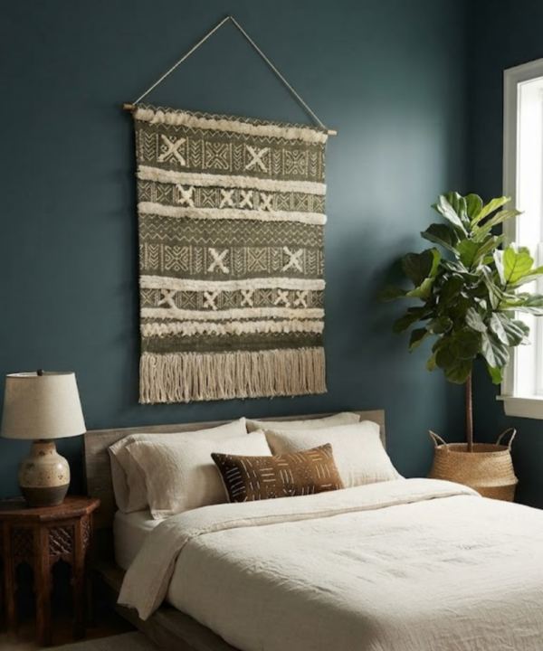 Handmade Woven Cotton Wall Hanging | Olive Green Geometric Tapestry With Fringe - Image 4