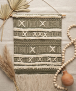 Handmade Woven Cotton Wall Hanging | Olive Green Geometric Tapestry With Fringe - Image 3