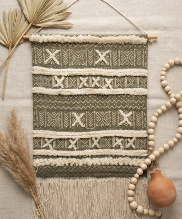 Handmade Woven Cotton Wall Hanging | Olive Green Geometric Tapestry With Fringe - Image 3