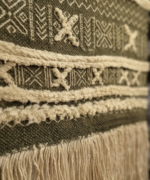 Handmade Woven Cotton Wall Hanging | Olive Green Geometric Tapestry With Fringe - Image 2