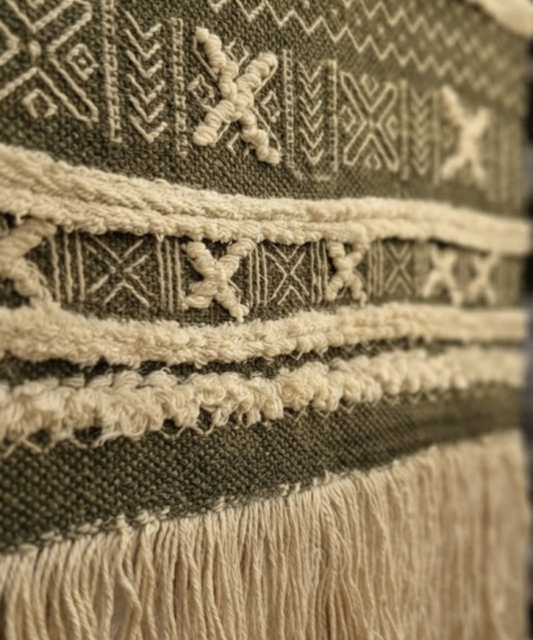 Handmade Woven Cotton Wall Hanging | Olive Green Geometric Tapestry With Fringe - Image 2