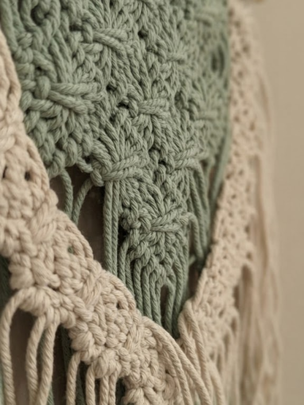 Handmade Sage and Ivory Macramé Wall Hanging | Two-Tone Woven Textile Art - Image 5