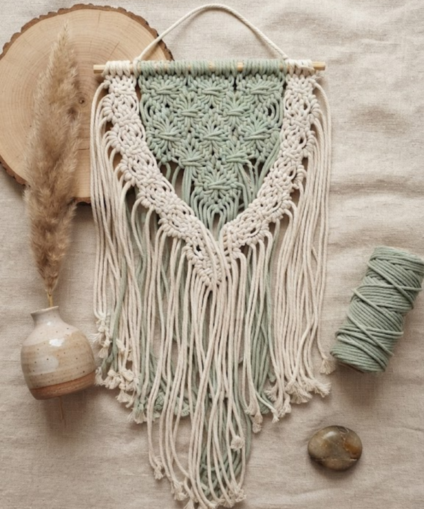 Handmade Sage and Ivory Macramé Wall Hanging | Two-Tone Woven Textile Art - Image 4
