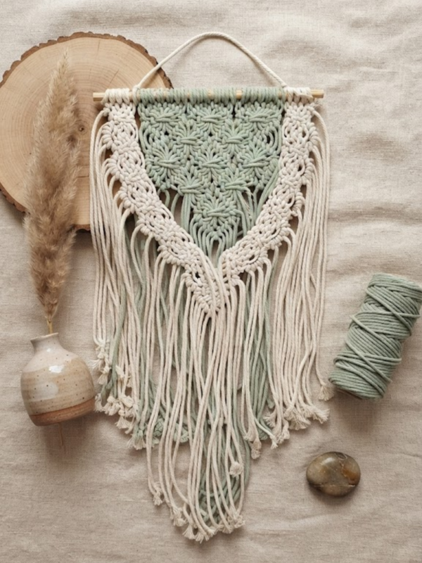 Handmade Sage and Ivory Macramé Wall Hanging | Two-Tone Woven Textile Art - Image 4
