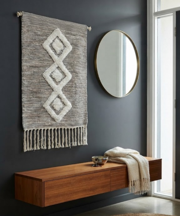 Handmade Woven Cotton Wall Hanging | Grey Diamond Tufted Tapestry Decor - Image 4