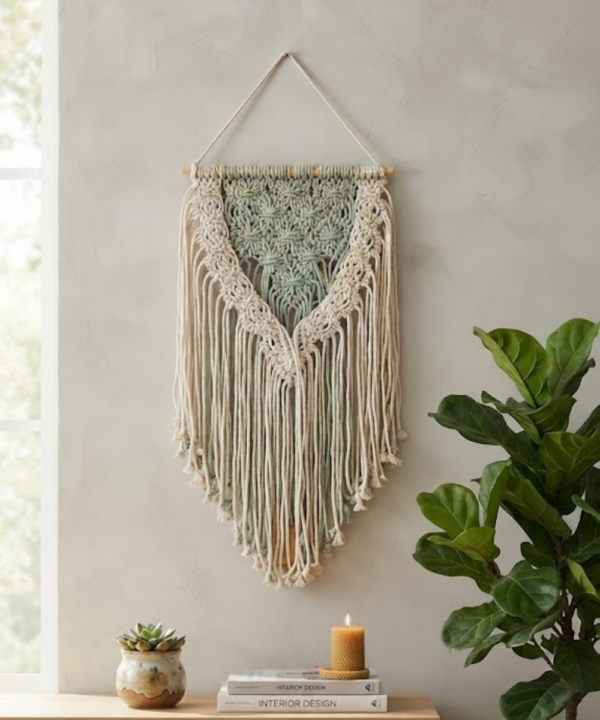 Handmade Sage and Ivory Macramé Wall Hanging | Two-Tone Woven Textile Art - Image 3