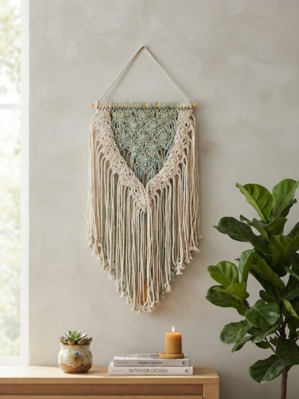 Handmade Sage and Ivory Macramé Wall Hanging | Two-Tone Woven Textile Art - Image 3