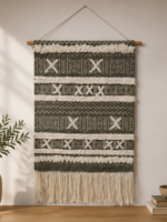 Handmade Woven Cotton Wall Hanging | Grey Diamond Tufted Tapestry Decor - Image 5