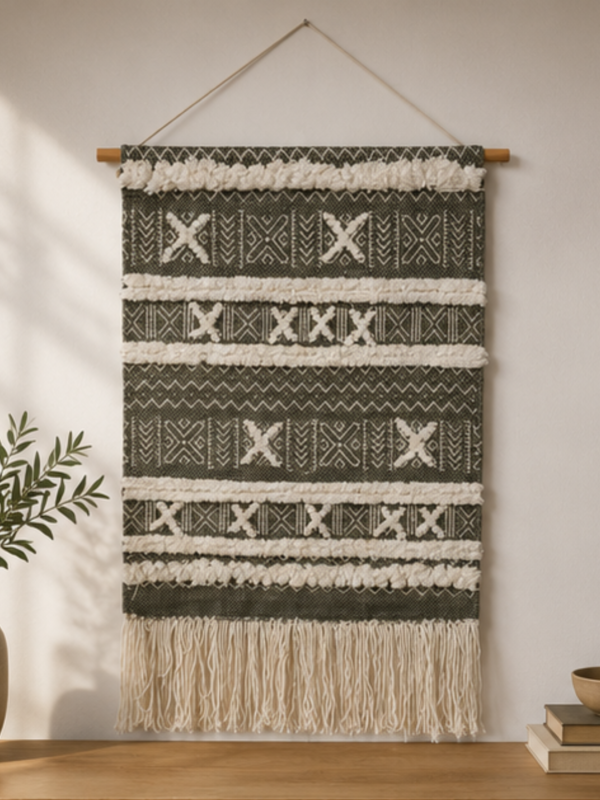 Handmade Woven Cotton Wall Hanging | Grey Diamond Tufted Tapestry Decor - Image 5
