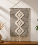 Handmade Woven Cotton Wall Hanging | Grey Diamond Tufted Tapestry Decor - Image 3