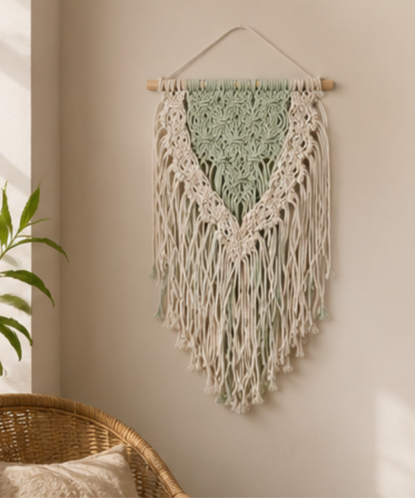 Handmade Sage and Ivory Macramé Wall Hanging | Two-Tone Woven Textile Art - Image 2