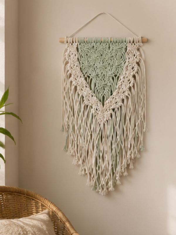 Handmade Sage and Ivory Macramé Wall Hanging | Two-Tone Woven Textile Art - Image 2