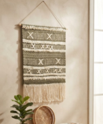 Handmade Woven Cotton Wall Hanging | Olive Green Geometric Tapestry With Fringe