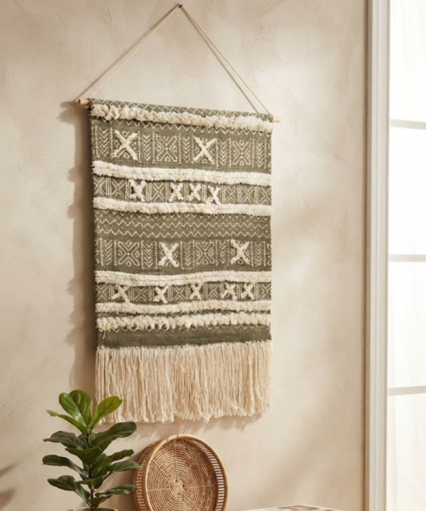 Handmade Woven Cotton Wall Hanging | Olive Green Geometric Tapestry With Fringe - Image 7