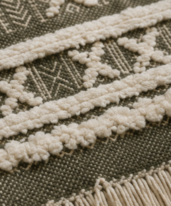 Handmade Woven Cotton Wall Hanging | Olive Green Geometric Tapestry With Fringe - Image 6