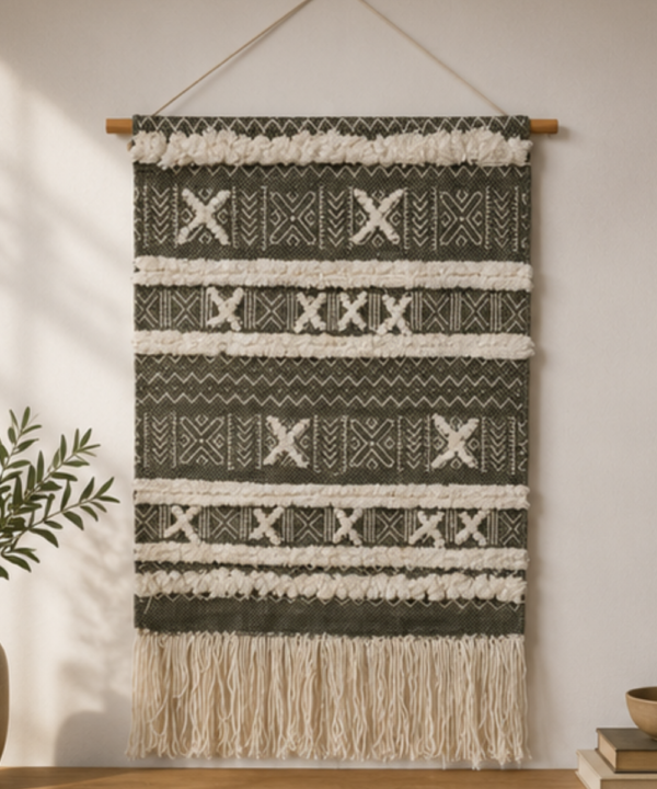 Handmade Woven Cotton Wall Hanging | Olive Green Geometric Tapestry With Fringe - Image 5