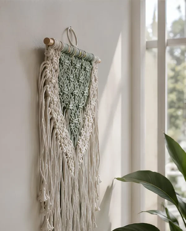 Handmade Sage and Ivory Macramé Wall Hanging | Two-Tone Woven Textile Art - Image 7