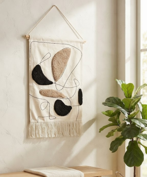 Handmade Boho Abstract Woven Cotton Tapestry | Minimalist Line Art Wall Hanging Decor - Image 7