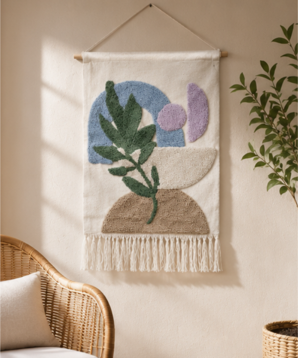 Handmade Boho Botanical Tufted Tapestry | Pastel Leaf and Shape Wall Hanging Decor - Image 5