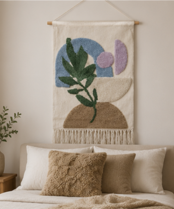 Handmade Boho Botanical Tufted Tapestry | Pastel Leaf and Shape Wall Hanging Decor - Image 4