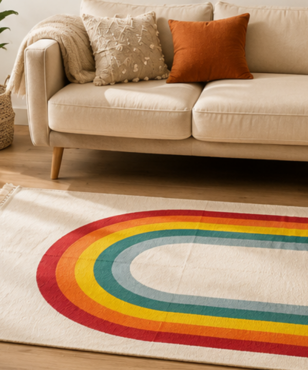 Handmade Woven Cotton Rainbow Rug | Vibrant Arch Accent Floor Mat - Image 7