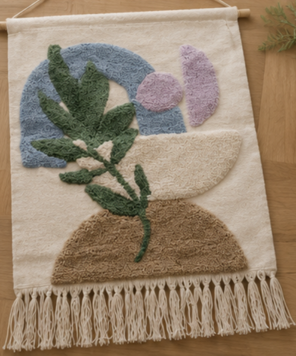 Handmade Boho Botanical Tufted Tapestry | Pastel Leaf and Shape Wall Hanging Decor - Image 2
