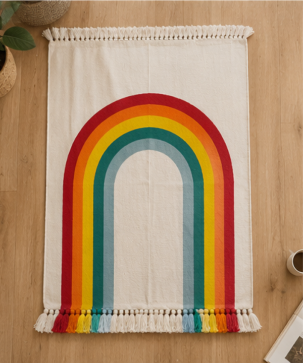 Handmade Woven Cotton Rainbow Rug | Vibrant Arch Accent Floor Mat - Image 5