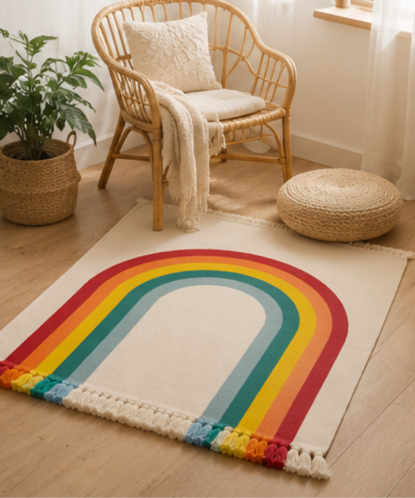 Handmade Woven Cotton Rainbow Rug | Vibrant Arch Accent Floor Mat - Image 4